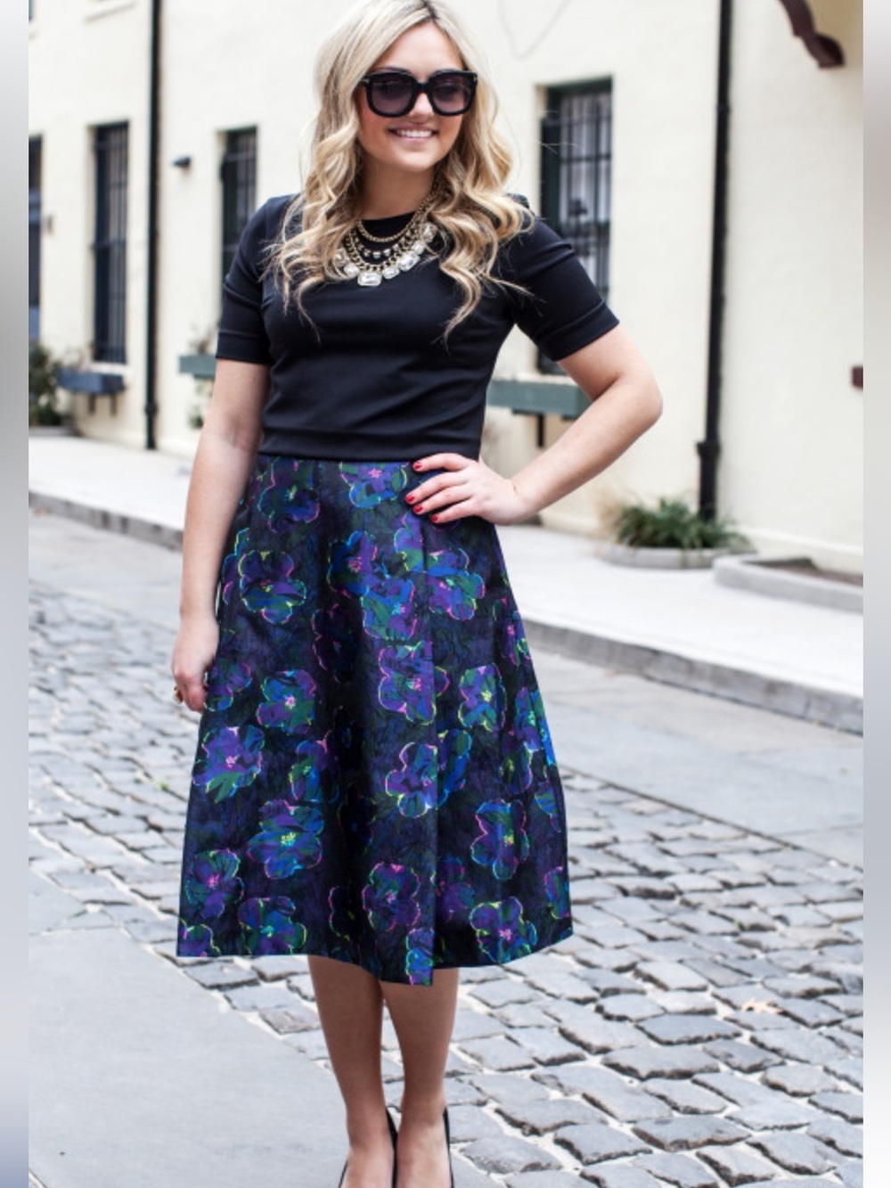 kate spade Black Midi Skirt with Purple & Blue Floral Print
